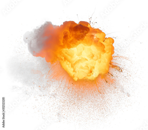 Extremely hot fiery explosion with sparks and smoke, against white background