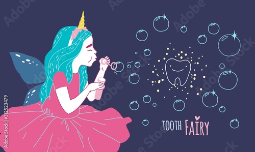 Smiling tooth fairy. Cute little happy fairy girl with tooth. Hand drawn vector cartoon doodle illustration