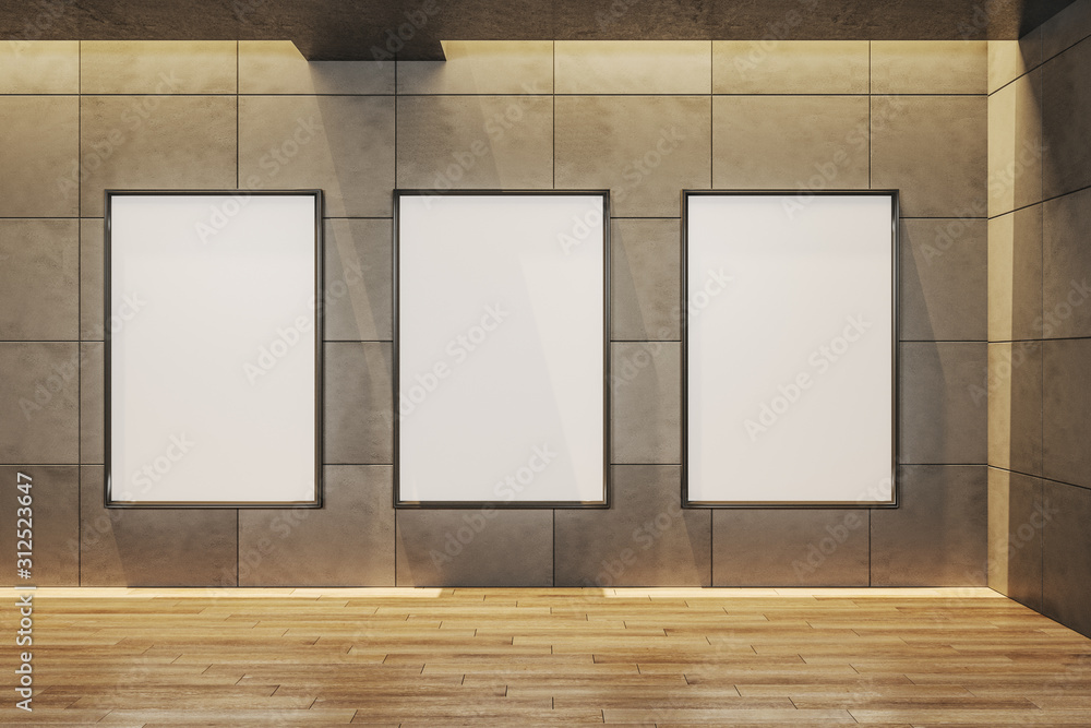gallery interior with three empty billboard gallery interior with three empty billboard