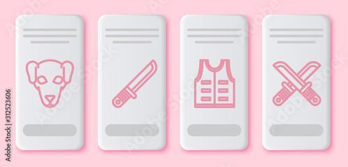 Set line Hunting dog, Hunter knife, Hunting jacket and Crossed hunter knife. White rectangle button. Vector