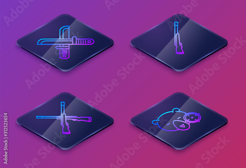 Set Isometric line Crossed hunter knife, Two crossed shotguns, Hunting gun and Hunt on bear with crosshairs. Blue square button. Vector