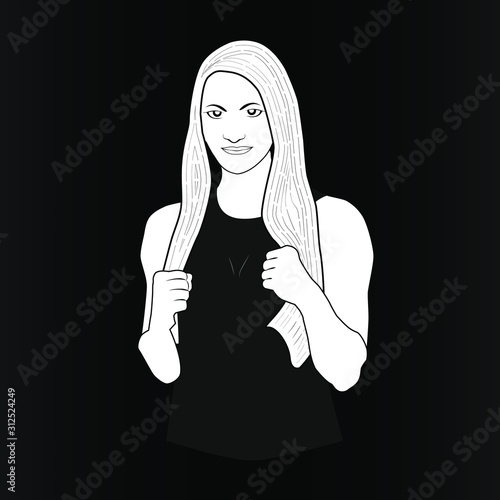 Girl in boxer pose. Black and white vector logo. Waist high woman portrait with fist hands. Symbol element for sport fitness and healthy active life style design