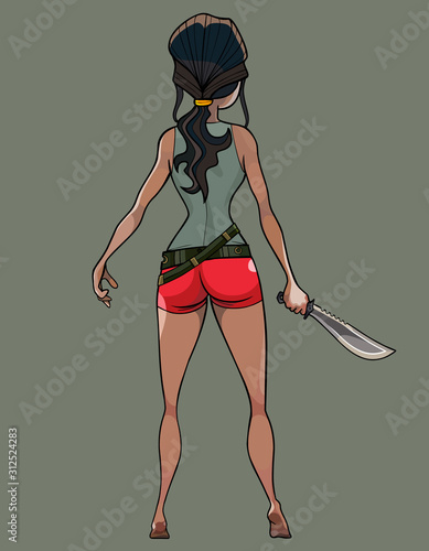 Cartoon woman with a machete in hand. The view from the back
