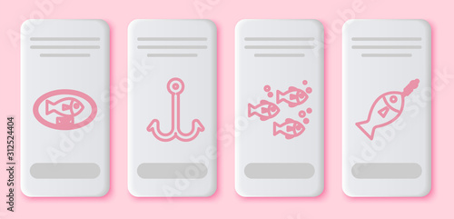Set line Fish trophy hanging on the board, Fishing hook, Fish and Fish on hook. White rectangle button. Vector