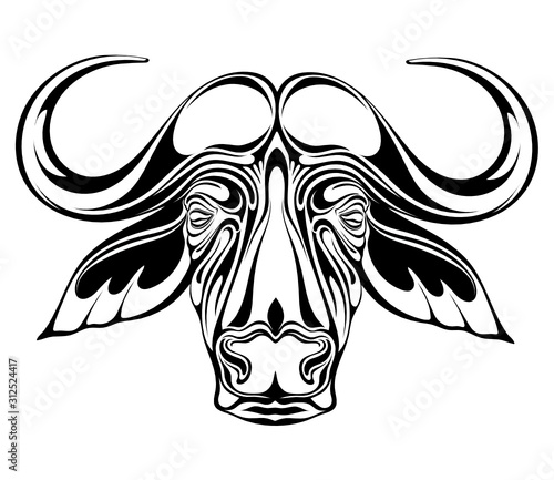 A stylized image of the head of an African buffalo that can be used to create a logo or tattoo.