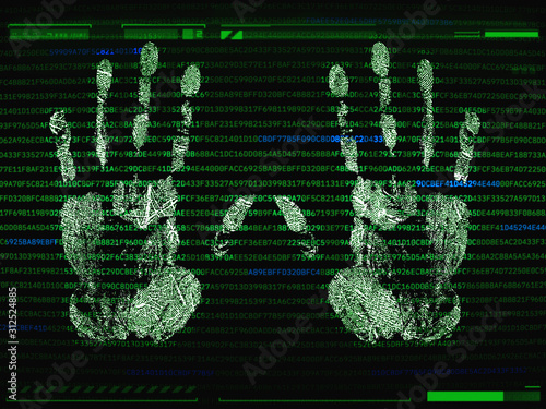 Palm print recognition and access concept. Security software by biometric data. Identification by hand prints scanning. Two palmprint pattern scanning screen with HUD elements and program code