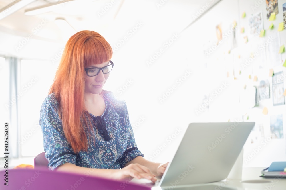 Businesswoman using laptop in creative office Businesswoman using laptop in creative office
