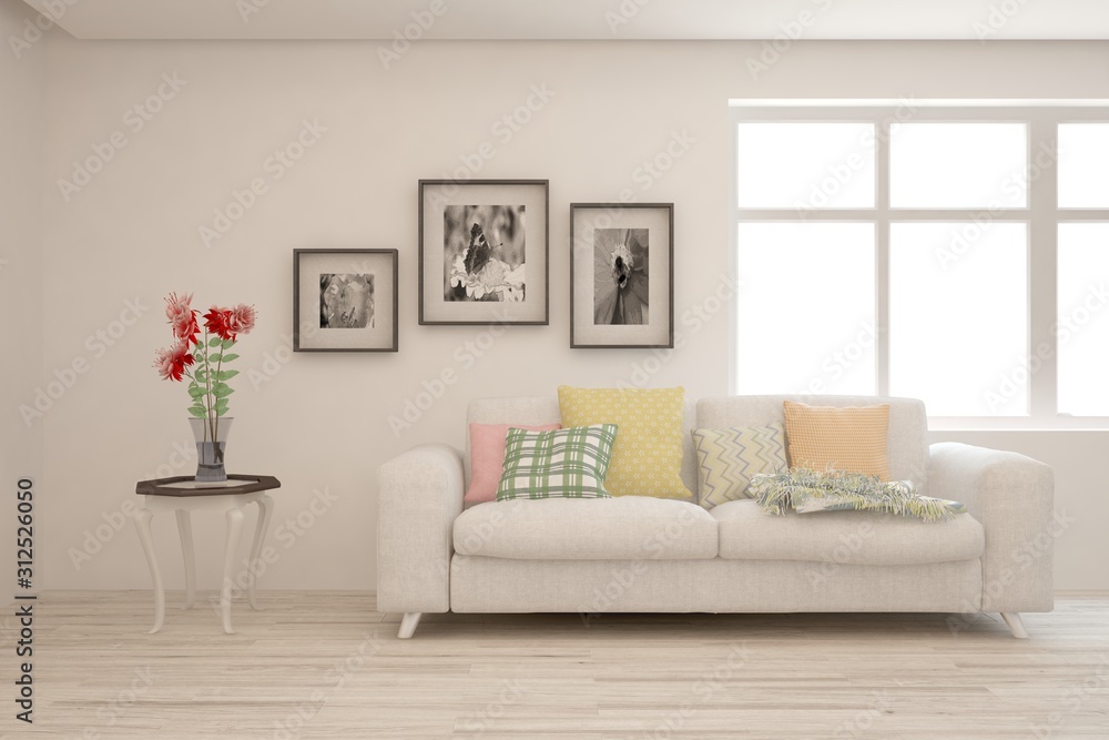 Stylish room in white color with sofa. Scandinavian interior design. 3D illustration Stylish room in white color with sofa. Scandinavian interior design. 3D illustration