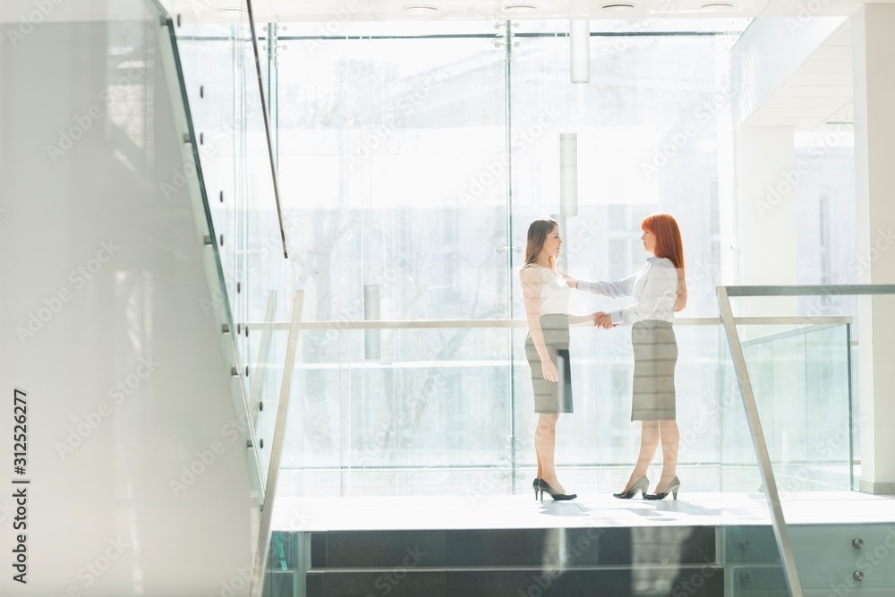 Full-length of businesswomen shaking hands in office Full-length of businesswomen shaking hands in office