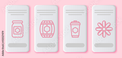 Set line Jar of honey, Wooden barrel with honey, Cup of tea with honey and Flower. White rectangle button. Vector