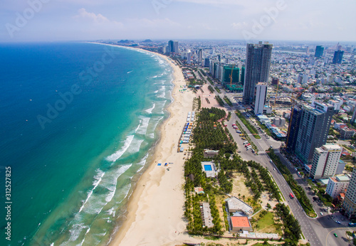 Aerial view of Da Nang beach which has many hotels and resorts. © Kien
