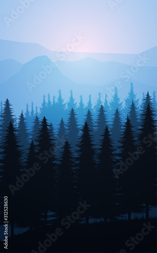 Nature forest Natural Pine forest mountains horizon Landscape wallpaper Mountains lake landscape silhouette tree sky red Sunrise and sunset Illustration vector style colorful view background