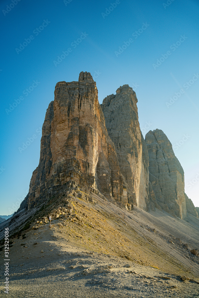 Mountainous landscape in evening in Three Peaks Nature Park in Italian dolomite Alps, Sesto Dolomites in South Tyrol