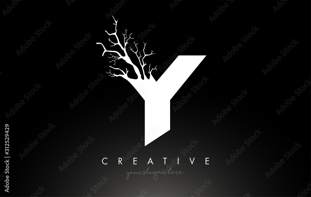 Letter Y Design Logo with Creative Tree Branch. Y Letter Tree Icon Logo - obrazy, fototapety, plakaty 