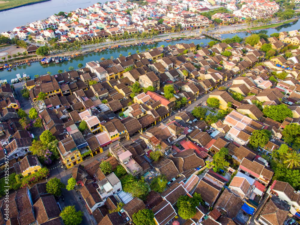Aerial view of Hoi An ancient town which is a very famous destination for tourists. - obrazy, fototapety, plakaty 