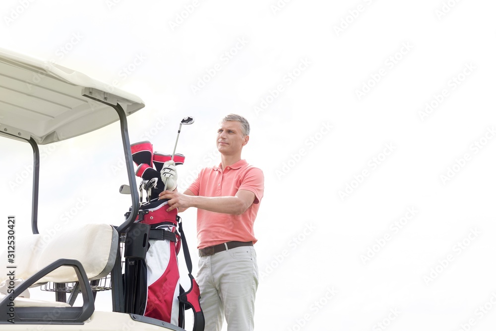 Thoughtful middle-aged man standing by cart against clear sky