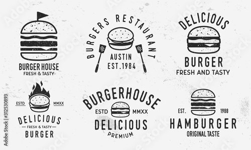 Vector Burger logo set. Vintage burger,  sandwich or hamburger labels, badges. Fast food and restaurant logo templates with grunge texture. 