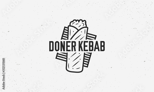 Doner Kebab logo template with sandwich kebab and grill. Kebab logo isolated on white background. Trendy vintage design. Vector illustration