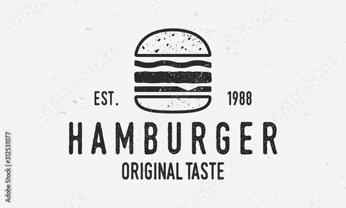 Hamburger vector logo template. Vintage burger cafe logo with grunge texture. Trendy vintage design.