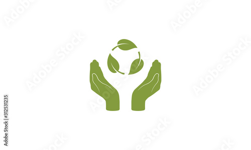 Hands with three leaves in circle form. Bio recyclable icon. Biodegradable products concept. Eco recycle sign. Vector illustration