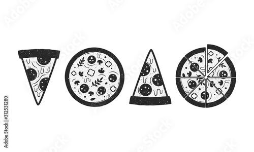 Pizza icons isolated on white background. Pizza slice. Set of 4 vector pizza silhouettes with grunge texture. Elements for restaurant menu design, logo, labels.