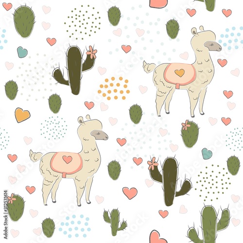 Seamless Alpaca Pattern with cacti