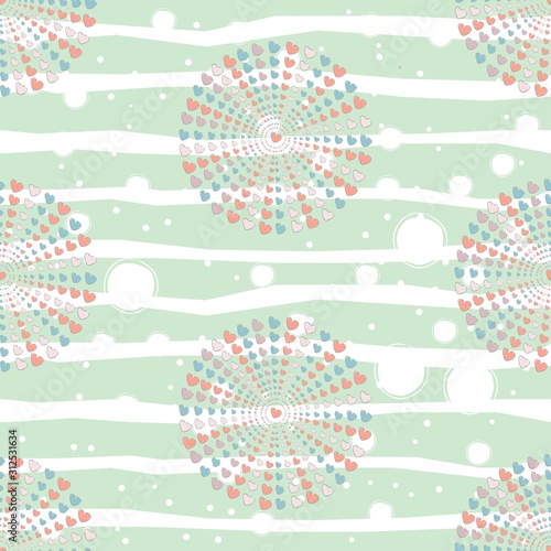 Seamless pattern, hand drawn hearts in brush organised into circles