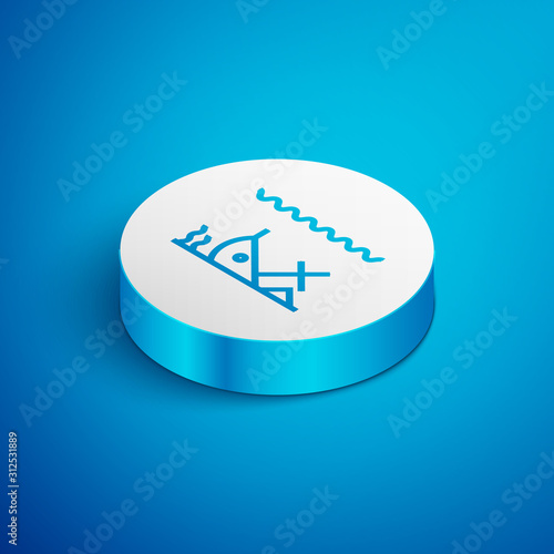 Isometric line Sunken ship at the bottom of the sea icon isolated on blue background. White circle button. Vector Illustration