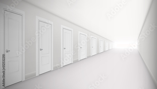 3D Long Corridor With Lot Of Doors Interior