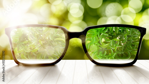 Modern Eyeglasses On Wooden Table And Bokeh Back
