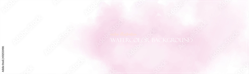 Watercolor template banner. Pink paint splash. Delicate and subtle sun rays. Vector illustration. Ethereal colors. Free copy space. Colorful, textured background. Magenta clouds. Template design.