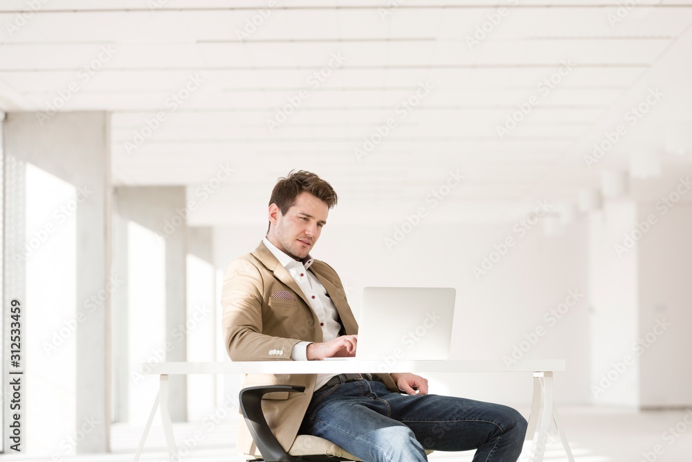 Young businessman using laptop at desk in office