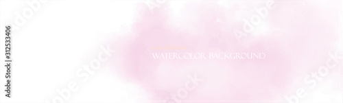 Watercolor template banner. Pink paint splash. Delicate and subtle sun rays. Vector illustration. Ethereal colors. Free copy space. Colorful, textured background. Magenta clouds. Template design.