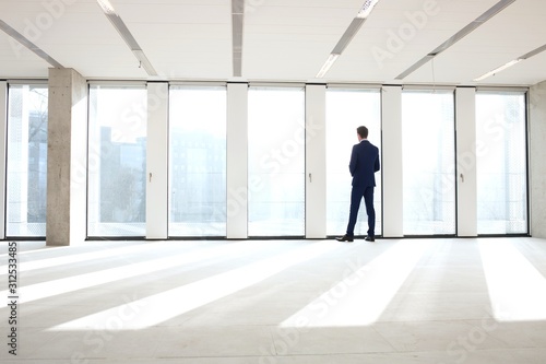 Rear view of young businessman looking through office window