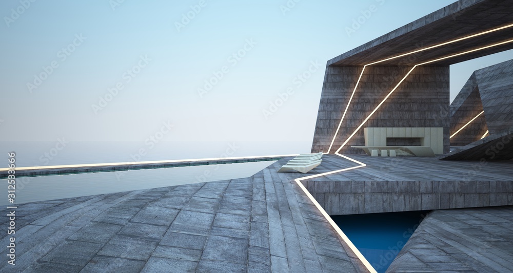 Fototapeta premium Abstract architectural concrete interior of a modern villa on the sea with swimming pool and neon lighting. 3D illustration and rendering.
