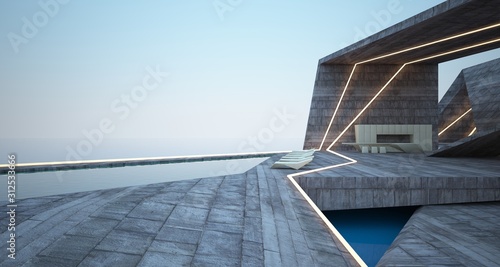 Abstract architectural concrete interior of a modern villa on the sea with swimming pool and neon lighting. 3D illustration and rendering. © SERGEYMANSUROV