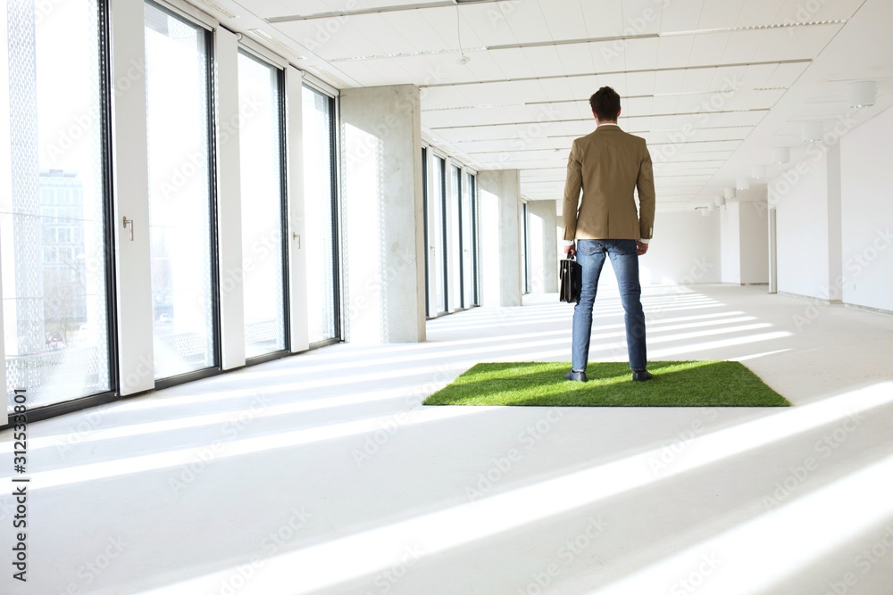 Full length rear view of young businessman standing on turf in empty office Full length rear view of young businessman standing on turf in empty office