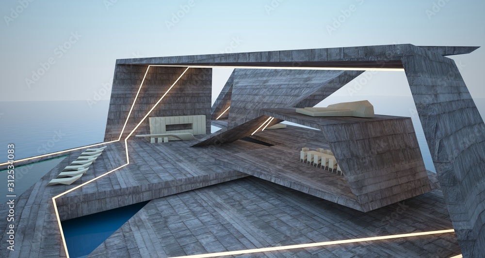 Abstract architectural concrete interior of a modern villa on the sea with swimming pool and neon lighting. 3D illustration and rendering. Abstract architectural concrete interior of a modern villa on the sea with swimming pool and neon lighting. 3D illustration and rendering.