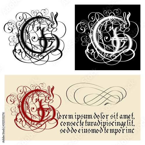 Decorative Gothic Letter G. Uncial Fraktur calligraphy. photo