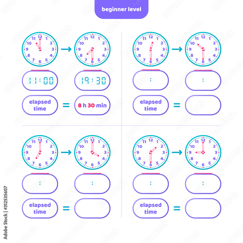 Elapsed time and Telling time worksheet for kids. Understanding the clock time. Educational Game