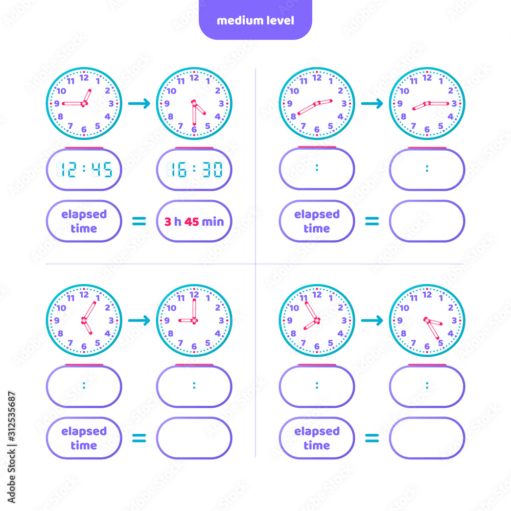 Elapsed time and Telling time worksheet for kids. Understanding the