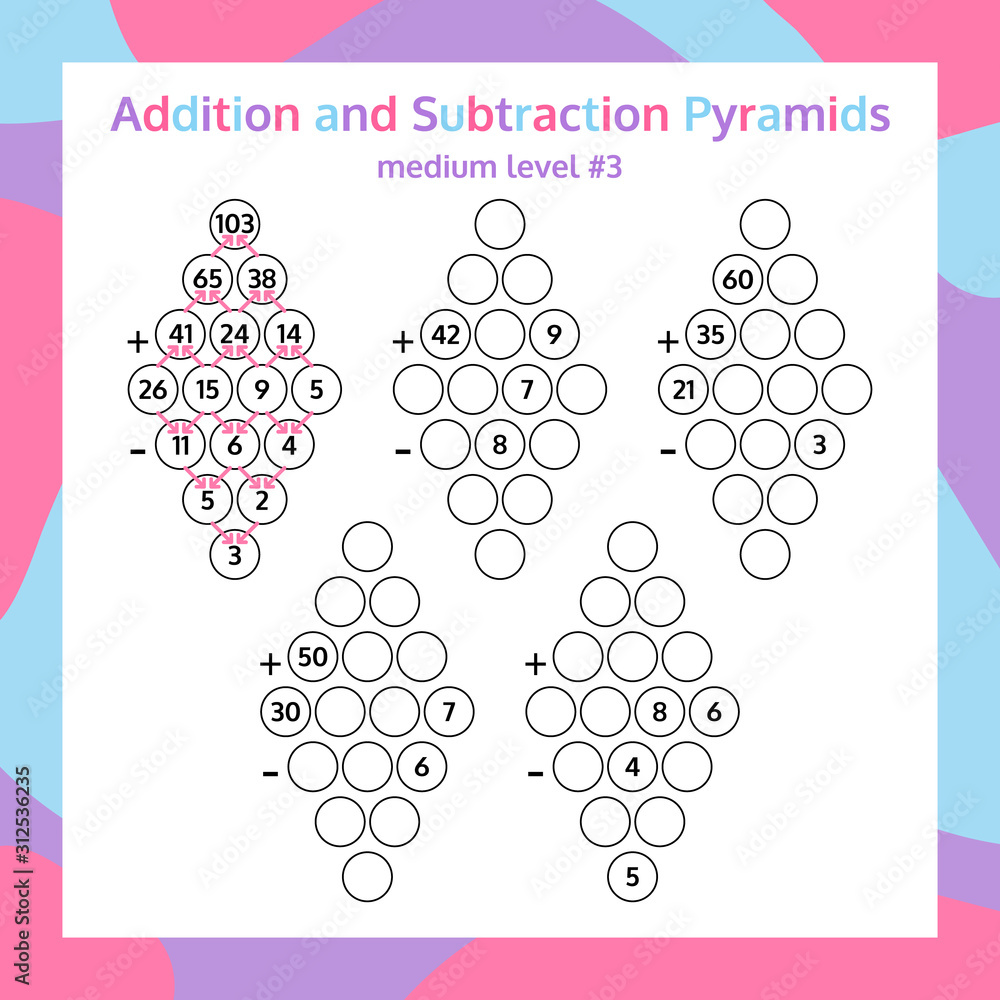 Addition and Subtraction Pyramid Set. Educational Math Game Worksheet
