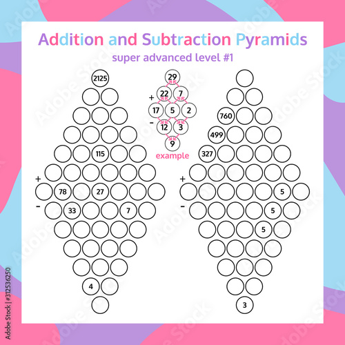 Addition and Subtraction Pyramid Set. Educational Math Game Worksheet. Mathematics puzzle. 