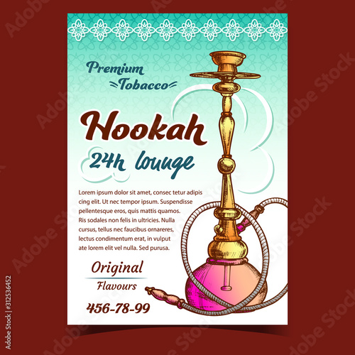 Hookah Lounge With Original Flavours Banner Vector. Arabia Oriental Relaxation Smoking Aroma Flavored Tobacco Or Cannabis Equipment Hookah. Color Hand Drawn In Vintage Style Illustration