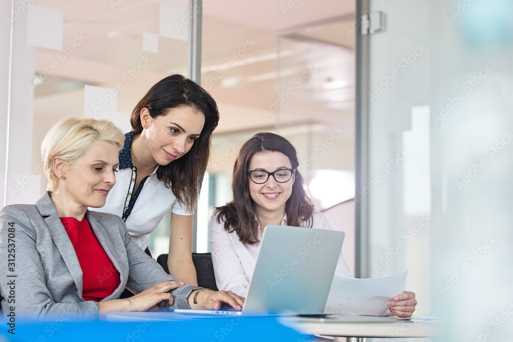 Team of businesswomen using laptop at table in office Team of businesswomen using laptop at table in office