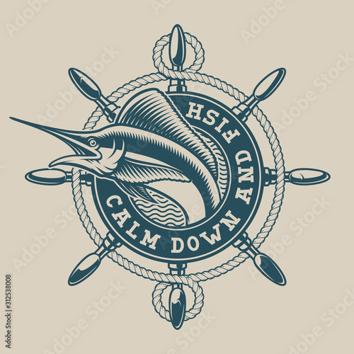 Vintage nautical emblem with a ship wheel