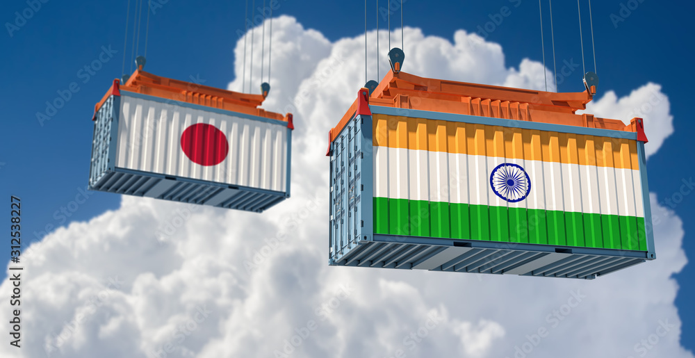Freight container with Japan and India flag. 3D Rendering