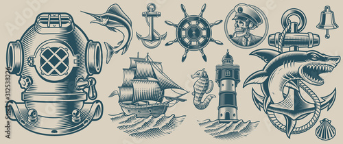 Set of vector illustrations on the nautical theme