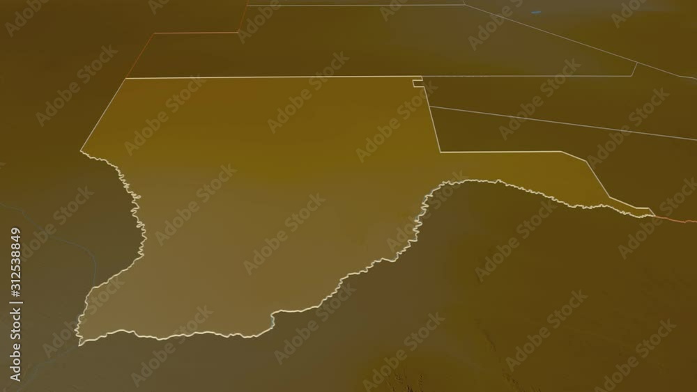 Kgalagadi, district with its capital, zoomed and extruded on the relief ...