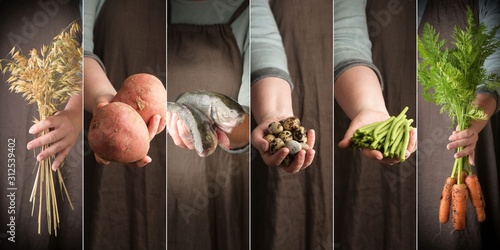 Woman holding in hand food. Farmers hands with fresh food, closeup. . Rustic style. Collage of six images. photo